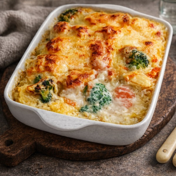 Kartoffel-Gemüse-Auflauf mit Brokkoli und Karotten in cremiger Sauce, mit goldbrauner Käsekruste in weißer Auflaufform auf rustikalem Holzbrett.