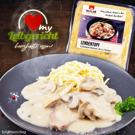 Müller Lendentopf in Champignon-Rahmsauce, serviert mit Spätzle auf einem Teller als Serviervorschlag
